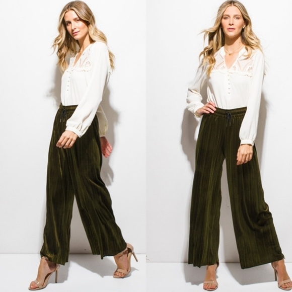 Threadzwear Pants - Olive Velvet Palazzo Pants